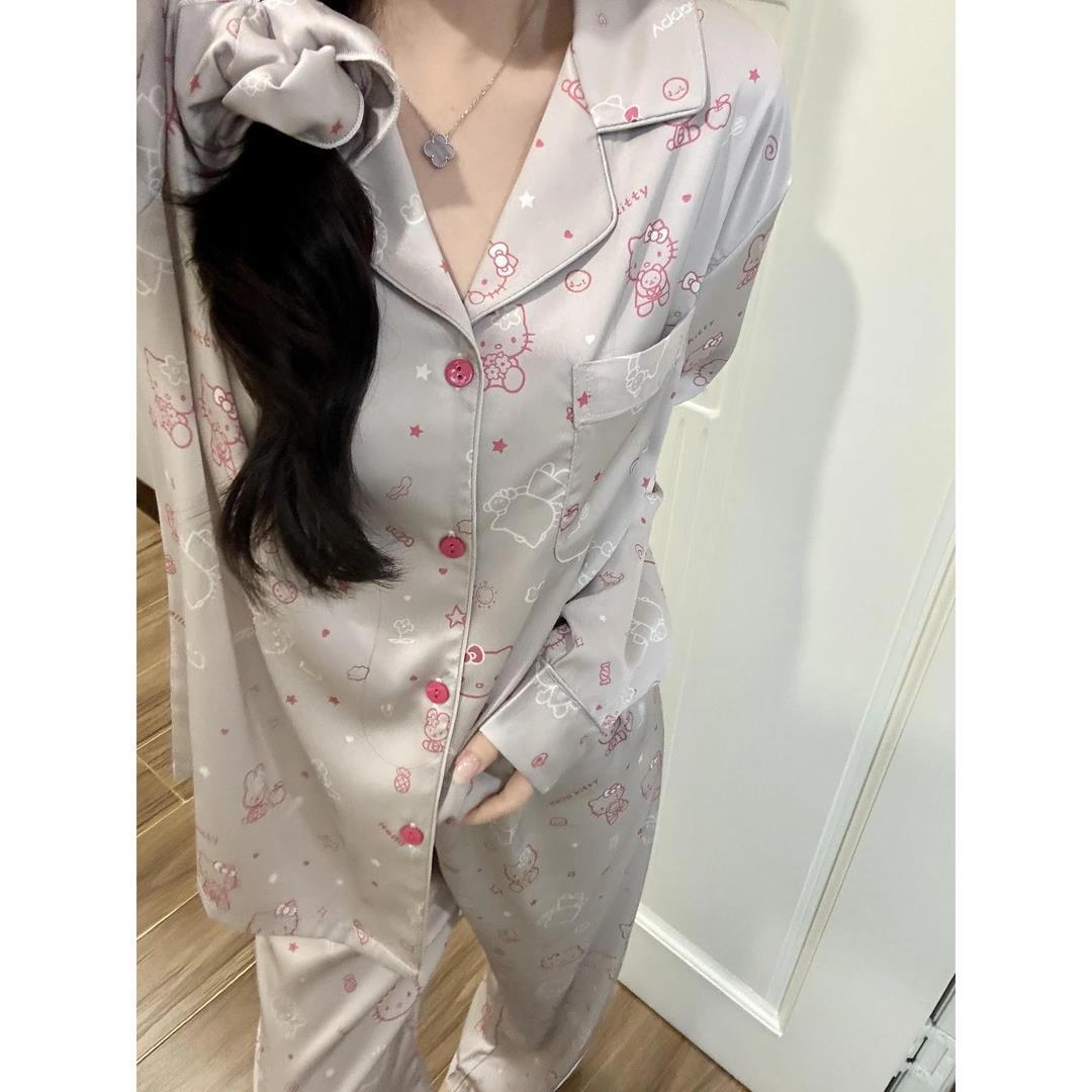 夏季睡衣女款长袖冰雪丝2025新款凯蒂猫简约高级感可外穿家居服装