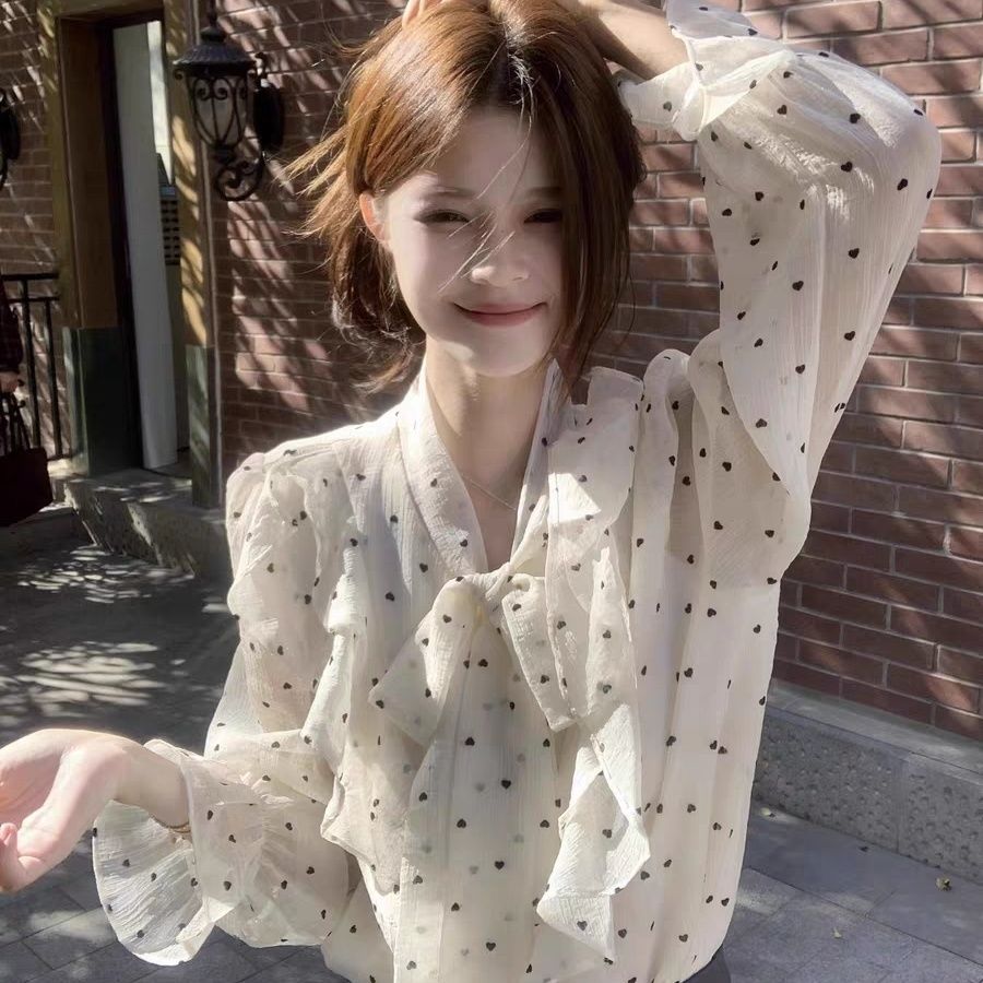 新款法式高级感荷叶边雪纺波点衬衫女秋季设计感绑带宽松别致上衣