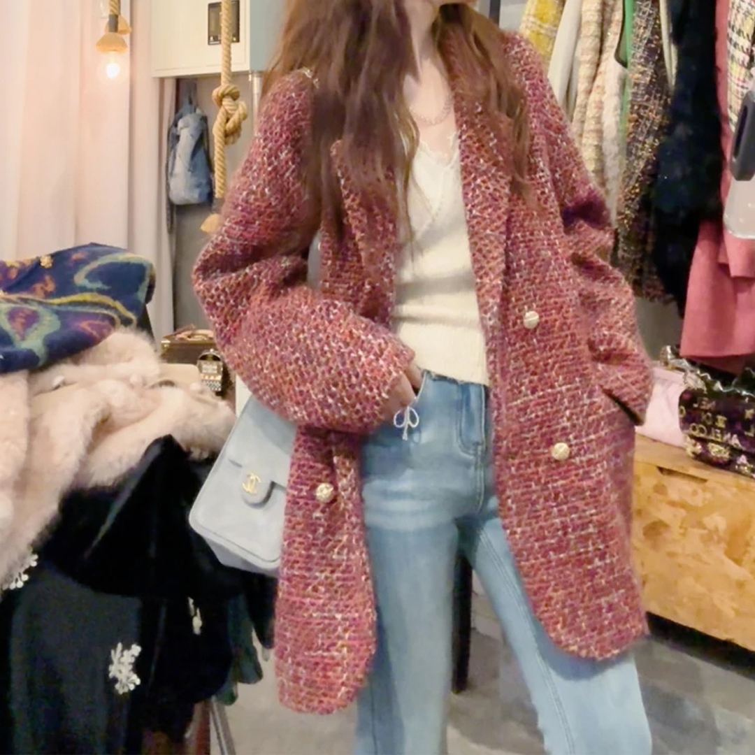 2024年秋冬新款气质显瘦高级感夹棉棉服韩系复古重工编织小香外套