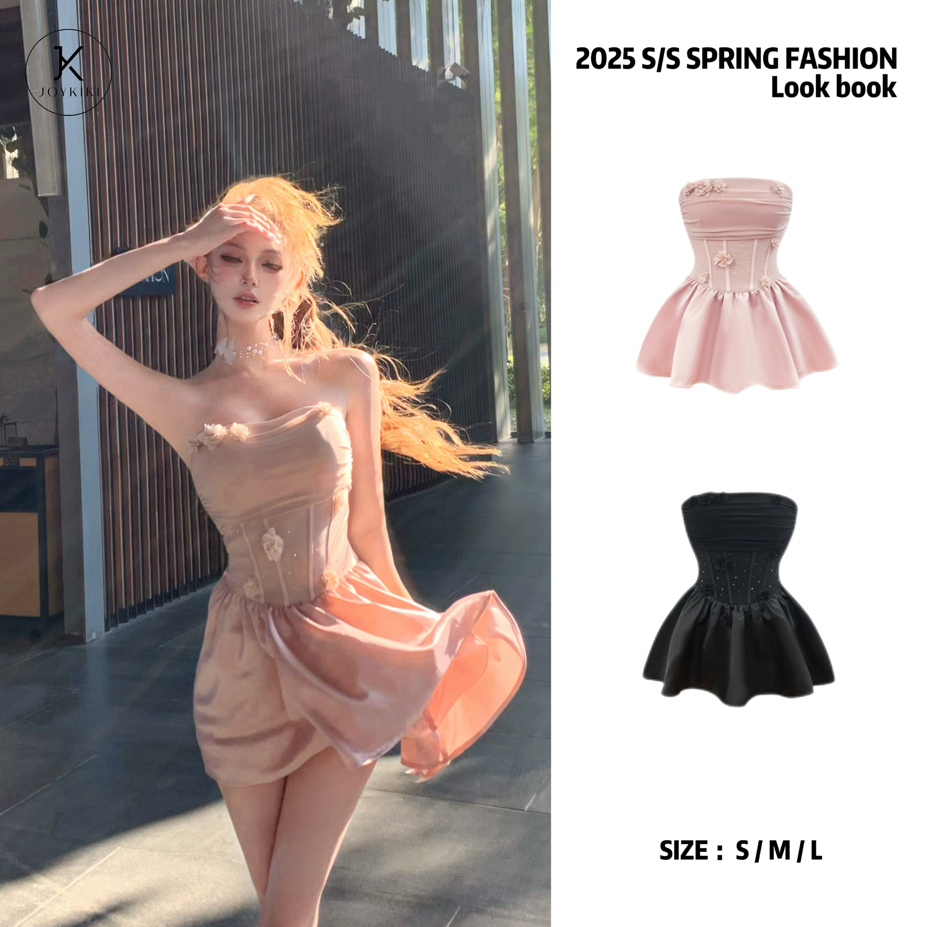 JOY KIKI金金【月光女神】梦幻花朵拼接收腰显瘦抹胸裙J25A050