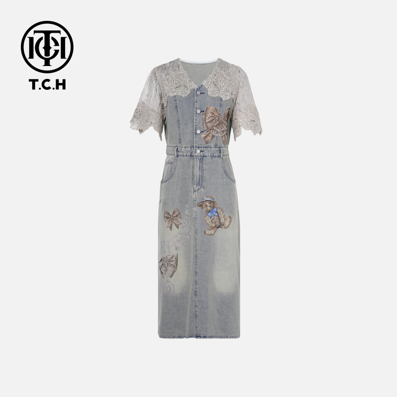 TCH轻奢烫钻工艺时尚百搭牛仔高级感连衣裙女T75B30E1120私服tch