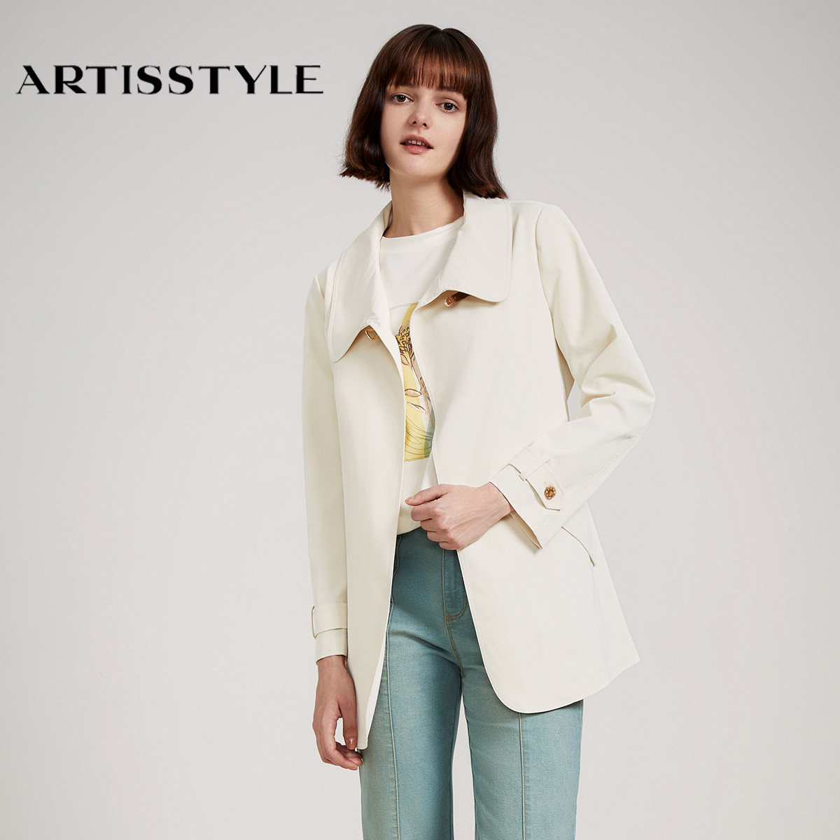 斯玳女装2024秋季新款 米白色不对称风衣AS2119003-067