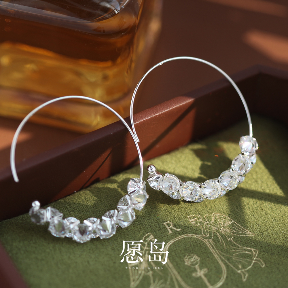 愿岛 黄铜合成锆石耳饰 法式气质优雅简约大气锆石圈圈耳环EH2482