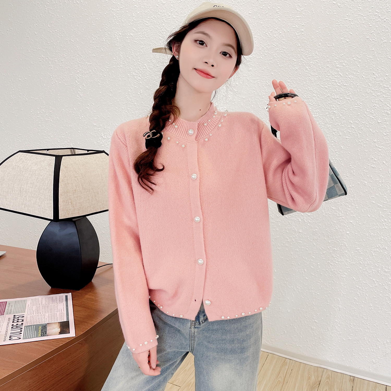 苏醒的乐园开衫女简约钉珠针织春装SXMY32938圆领百搭毛衣