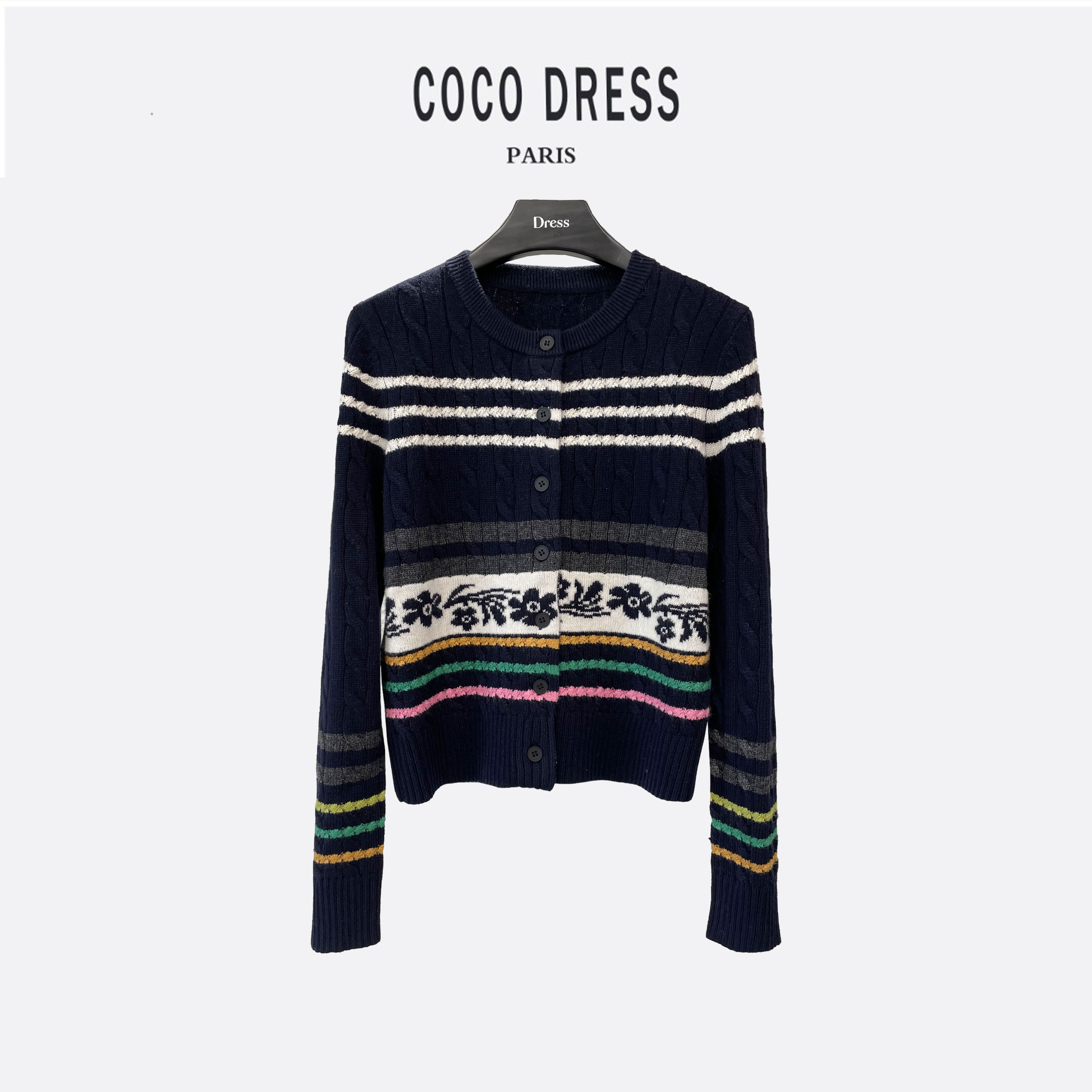 复古麻花彩色花朵条纹圆领轻奢时尚长袖毛针织衫