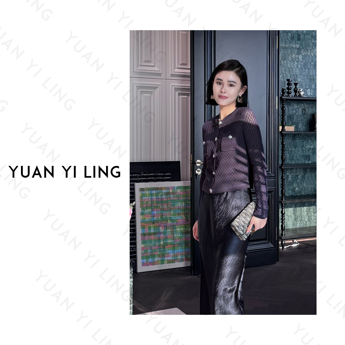 YUAN YI LING【中古系列】25春夏新法式定制银狮扣冰丝镂空长袖开衫