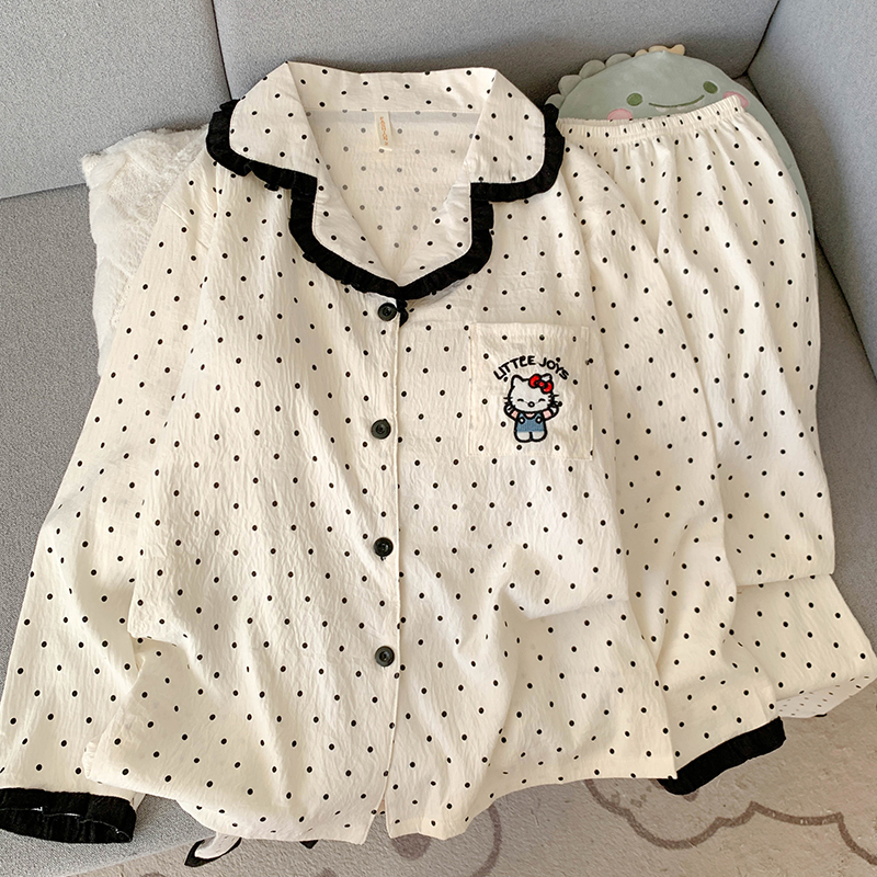 卡通KT猫睡衣女款高级感黑色花边长袖长裤家居服春秋季两件套装