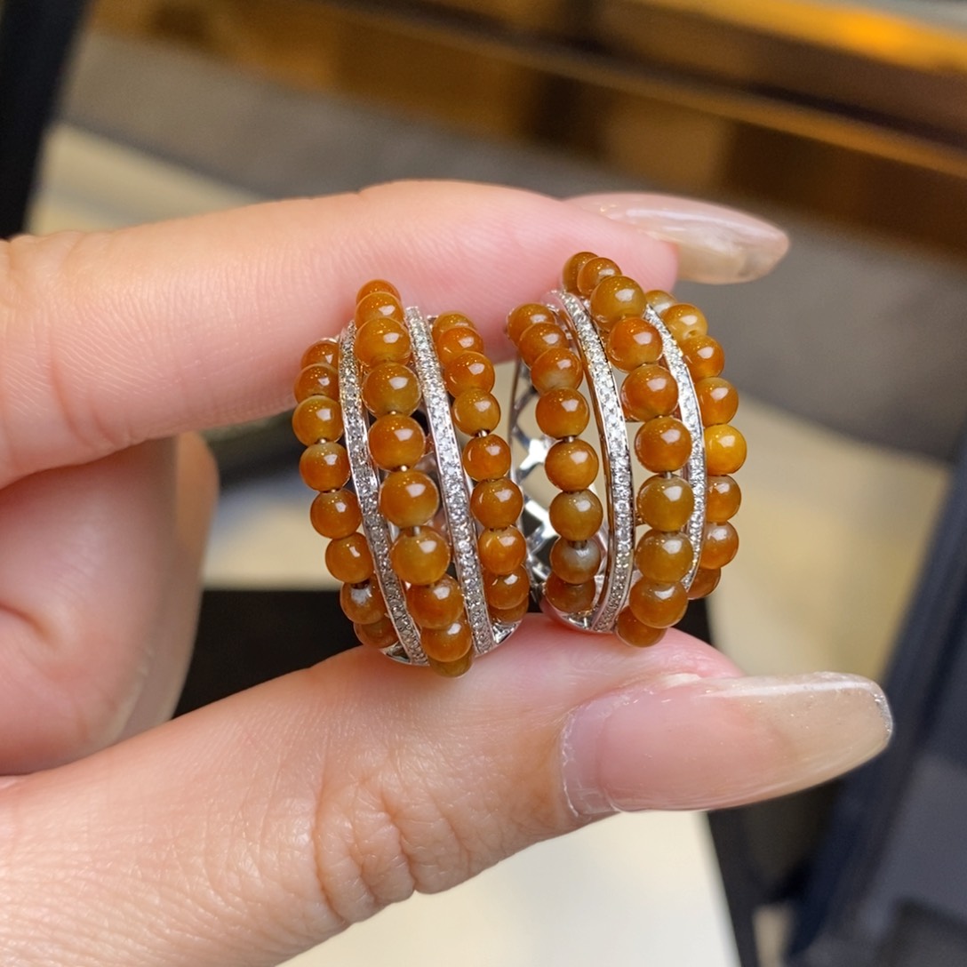 翡翠耳饰18K金镶嵌红翡小米珠