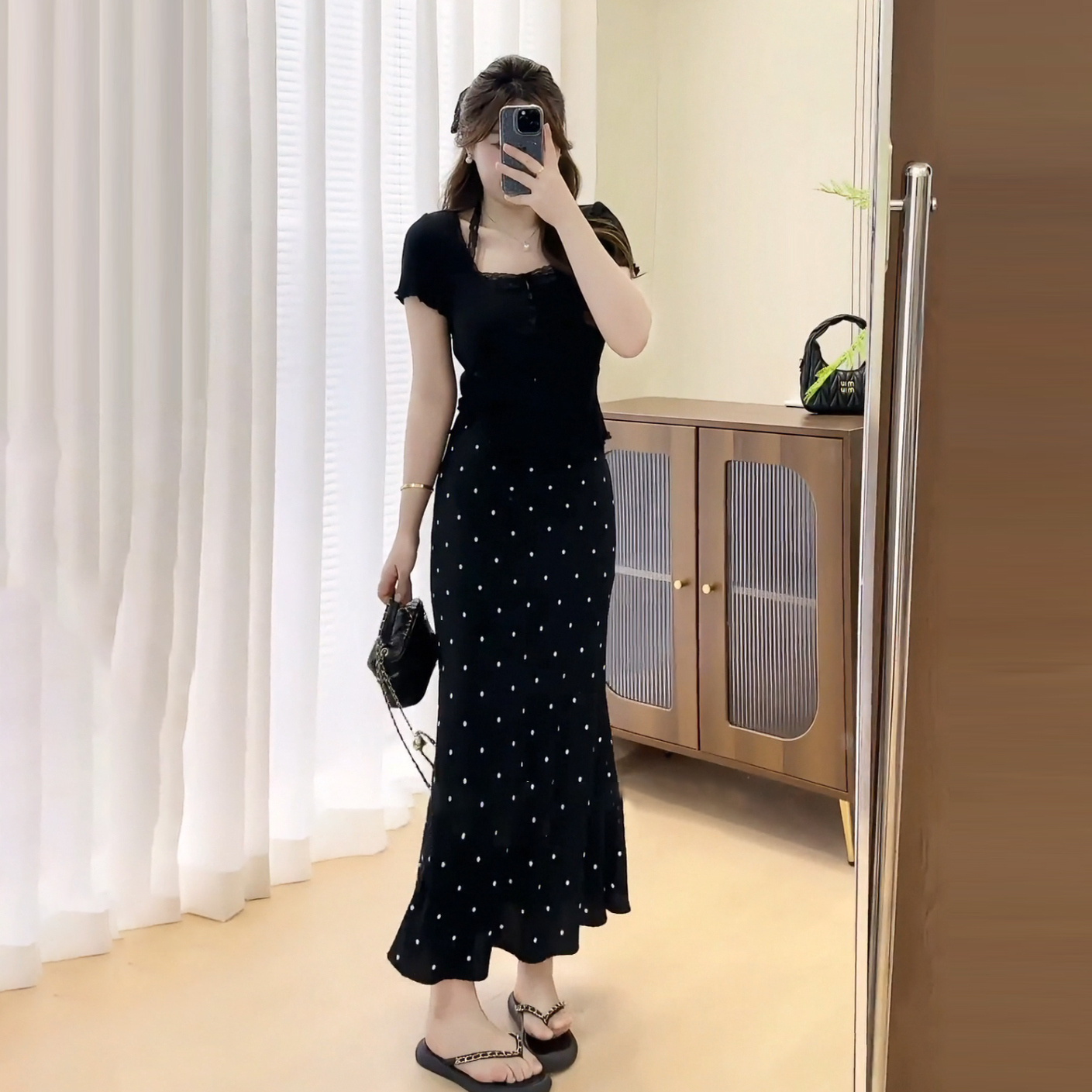 【8917】大码女装胖mm蕾丝挂脖短袖上衣包臀波点鱼尾半身裙套装