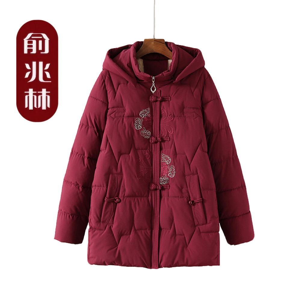 妈妈冬装连帽棉服中老年人女加绒加厚大码外套妈妈装保暖抗寒棉衣