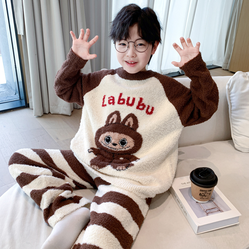 男童秋冬款法兰绒睡衣套装2025新款儿童冬季加厚大童珊瑚绒家居服