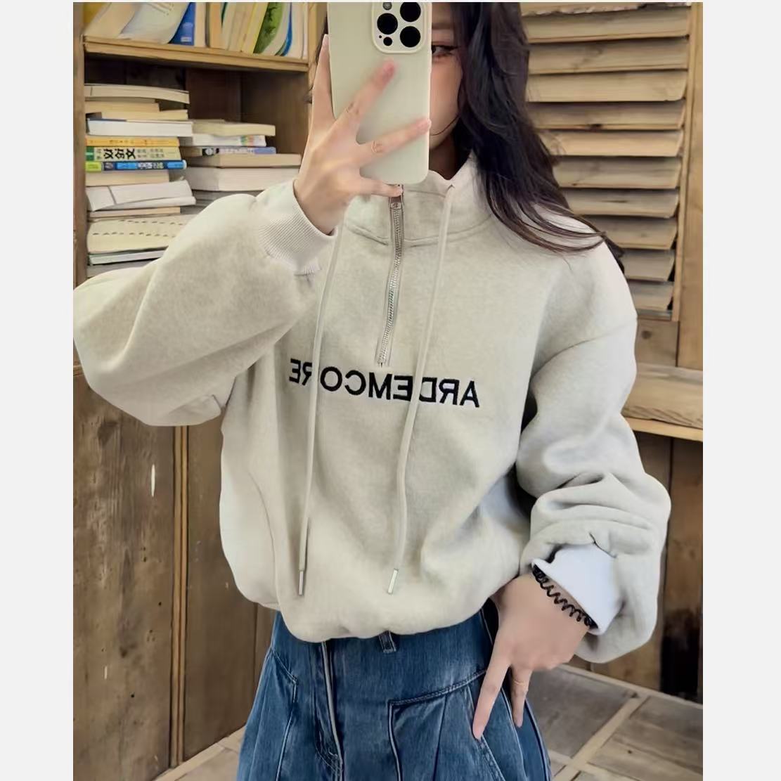 1017《复合bb绒》秋冬新款时尚百搭宽松加绒刺绣字母卫衣