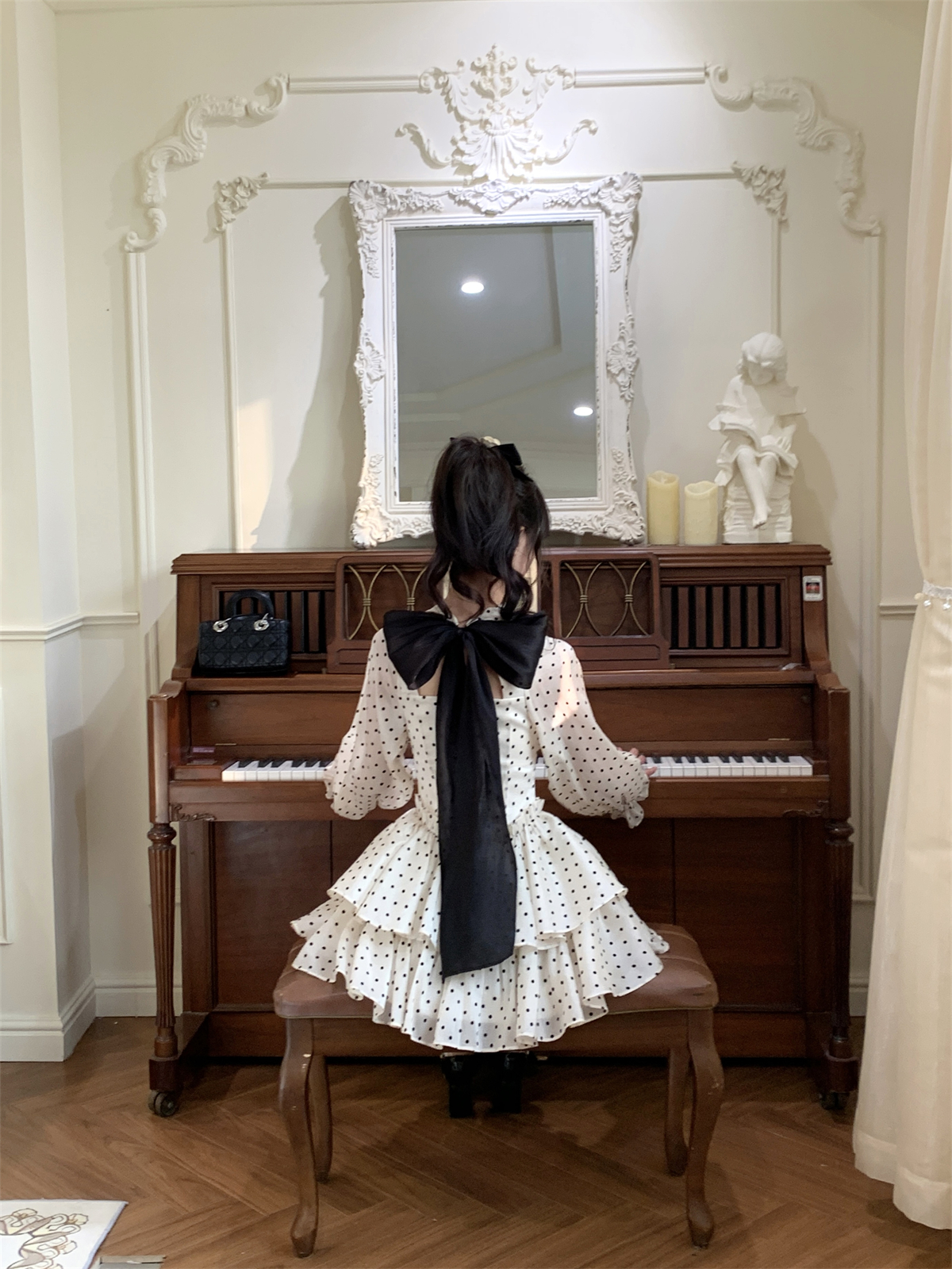 越韩小鱼 甜心波点 法式甜美绑带蝴蝶结连衣裙收腰显瘦公主蓬蓬裙