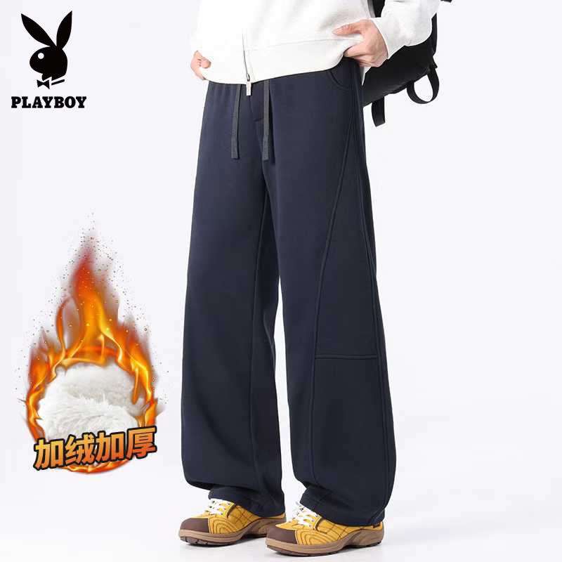 花花公子藏蓝色休闲弯刀裤男2025秋冬新款加厚北极绒百搭休闲长裤