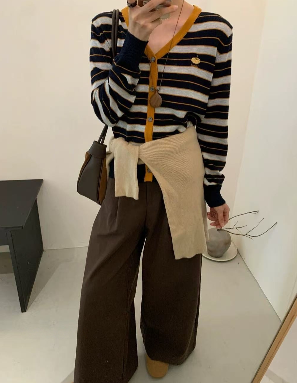 Z.X    南瓜刺绣撞色条纹V领针织开衫  9281（C3）