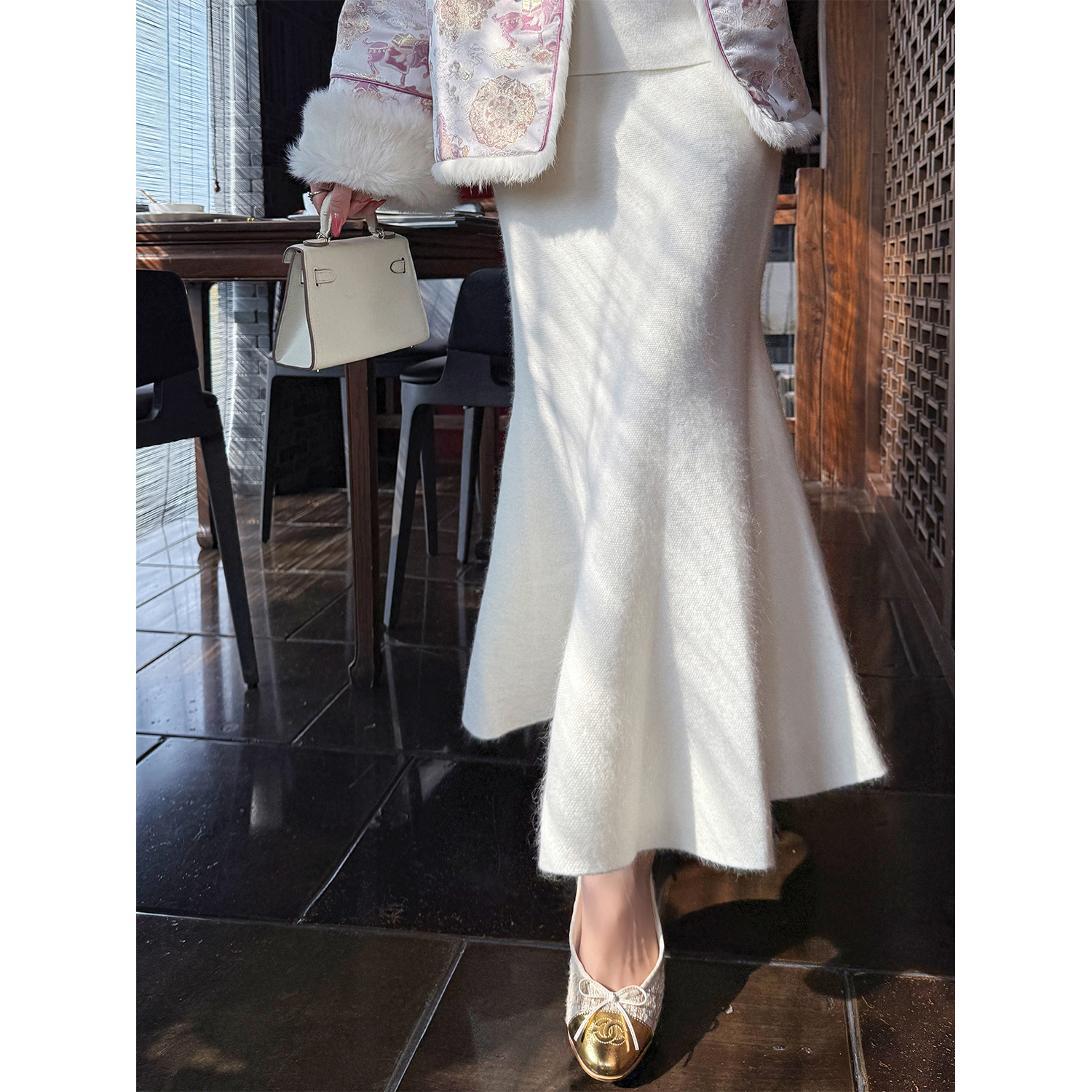 盈瓷品质｜踏雪 荃羊毛针织半身裙新款复古修身白色鱼尾裙25FW1309