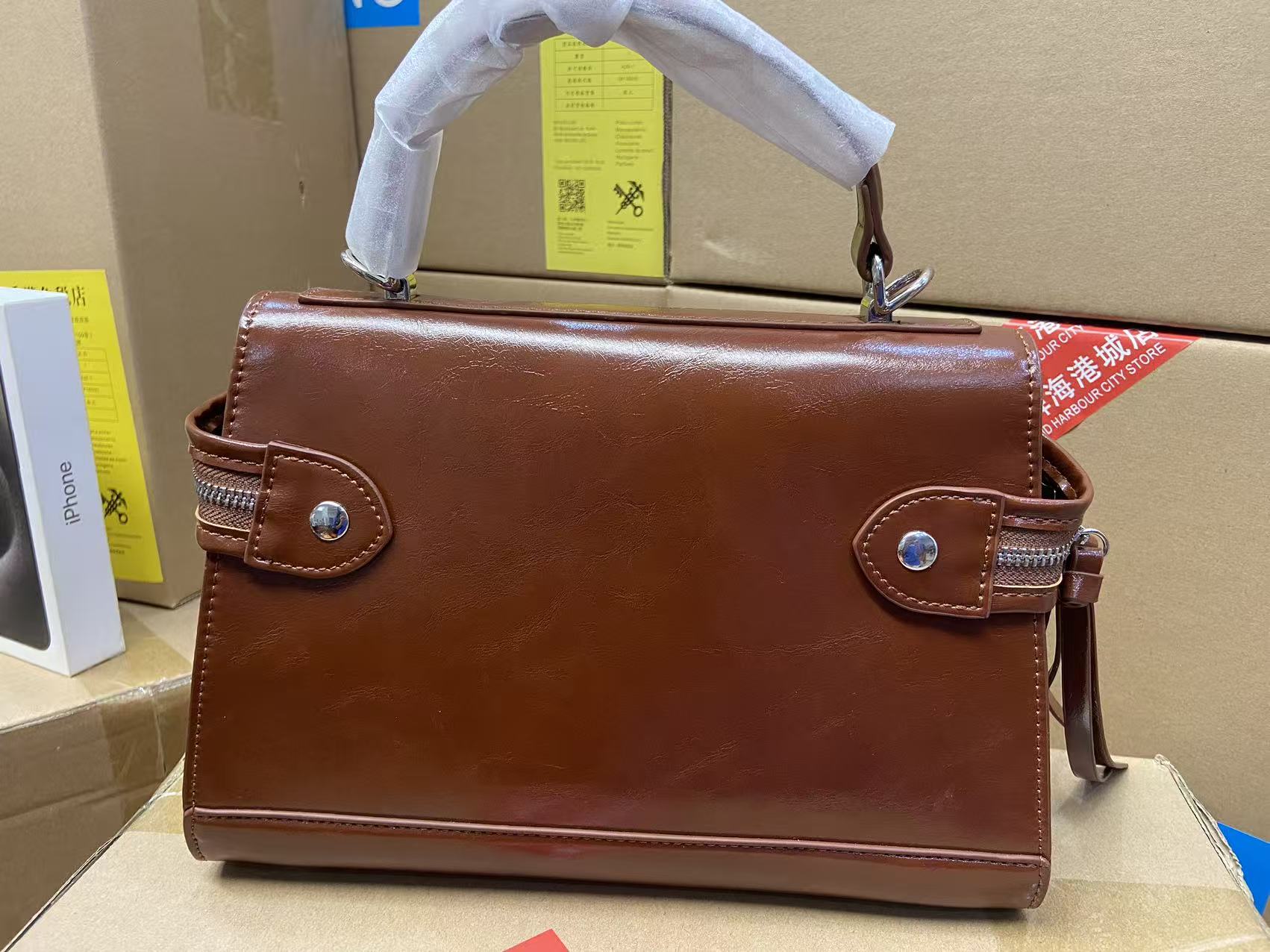 耐磨法式单根方形拉链单肩斜挎包斜跨包腋下棕色经典