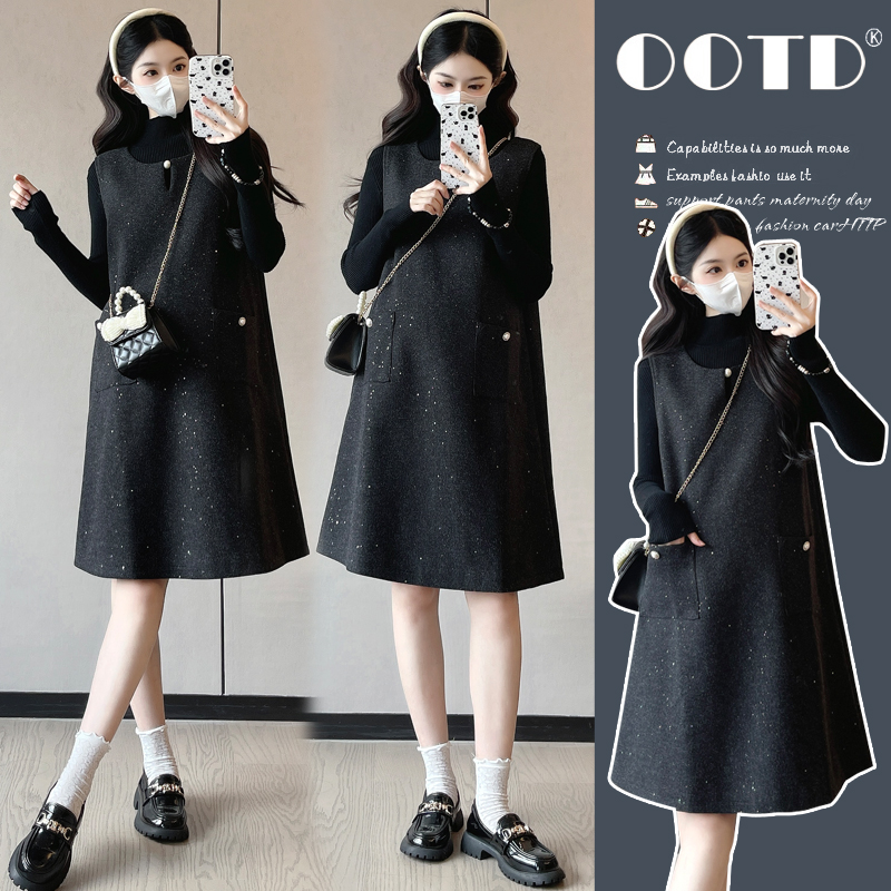 2025秋冬季新款黑灰色亮片毛呢小香风高级感孕妇大码连衣裙套装