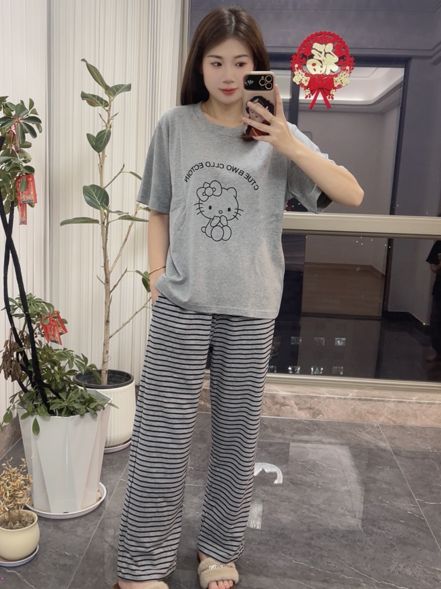 (拍一发三)夏季带胸垫新款女士短袖长裤送短裤三件套睡衣可外穿88