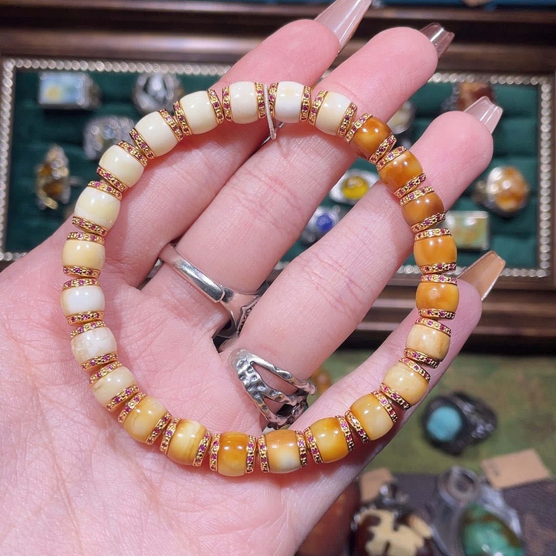 琥珀银S925镀金镶嵌手串