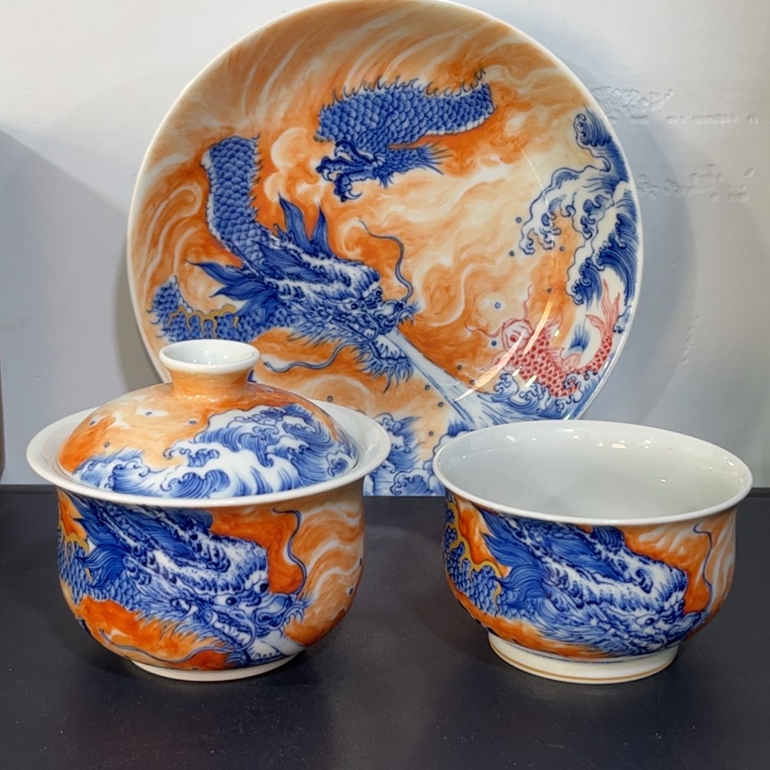 青花矾红错金银鱼化龙三件套 可拆分