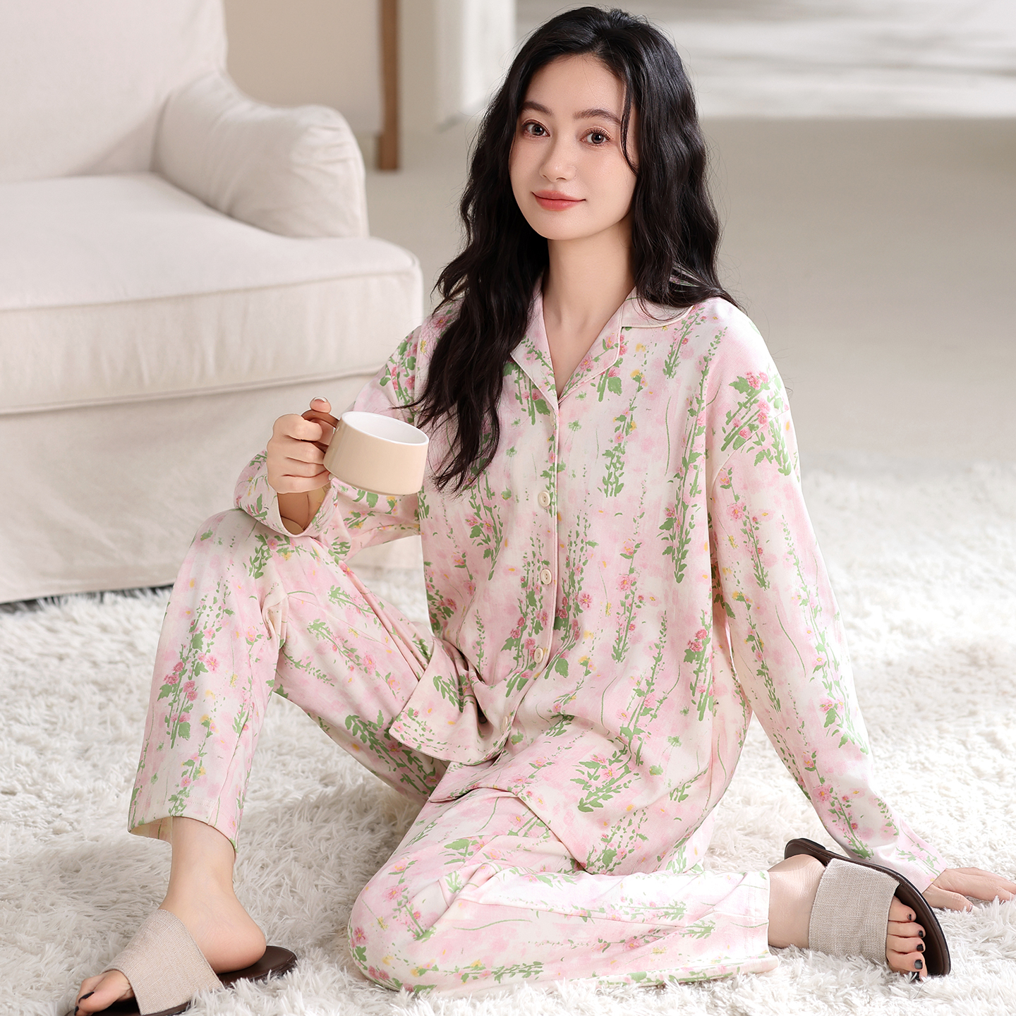 新款莉莉家女士纯棉莫奈花园开衫长袖长裤睡衣家居服套装可外穿