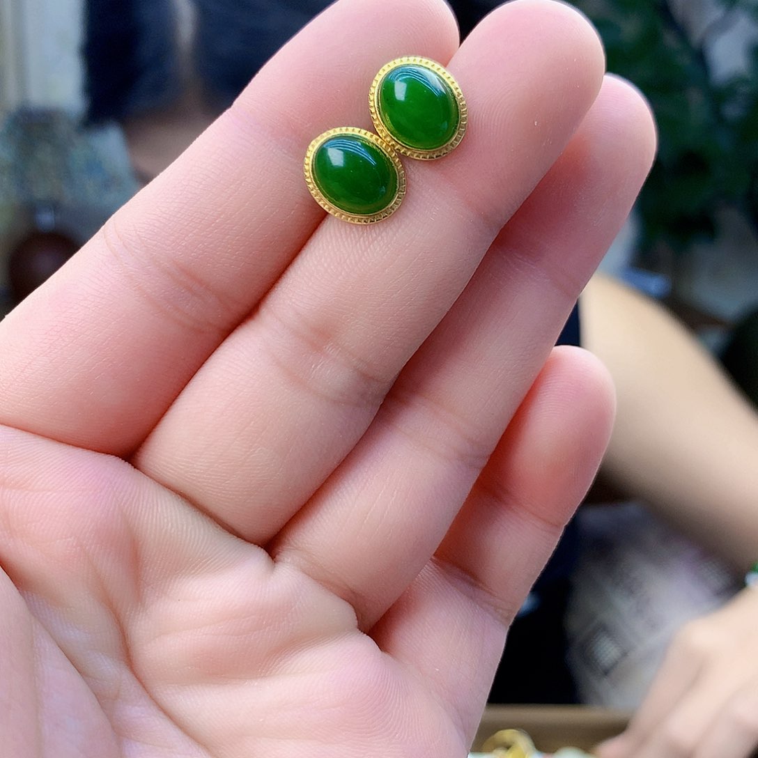 和田玉（碧玉）银S925镶嵌吊坠(不含链)耳钉