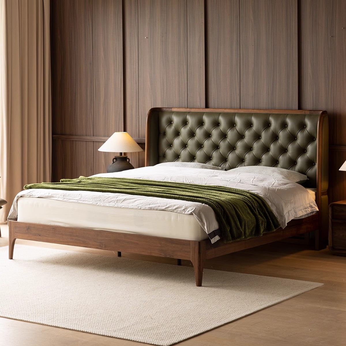 北美黑胡桃实木床北欧现代简约真皮软包双人床家用主卧大床