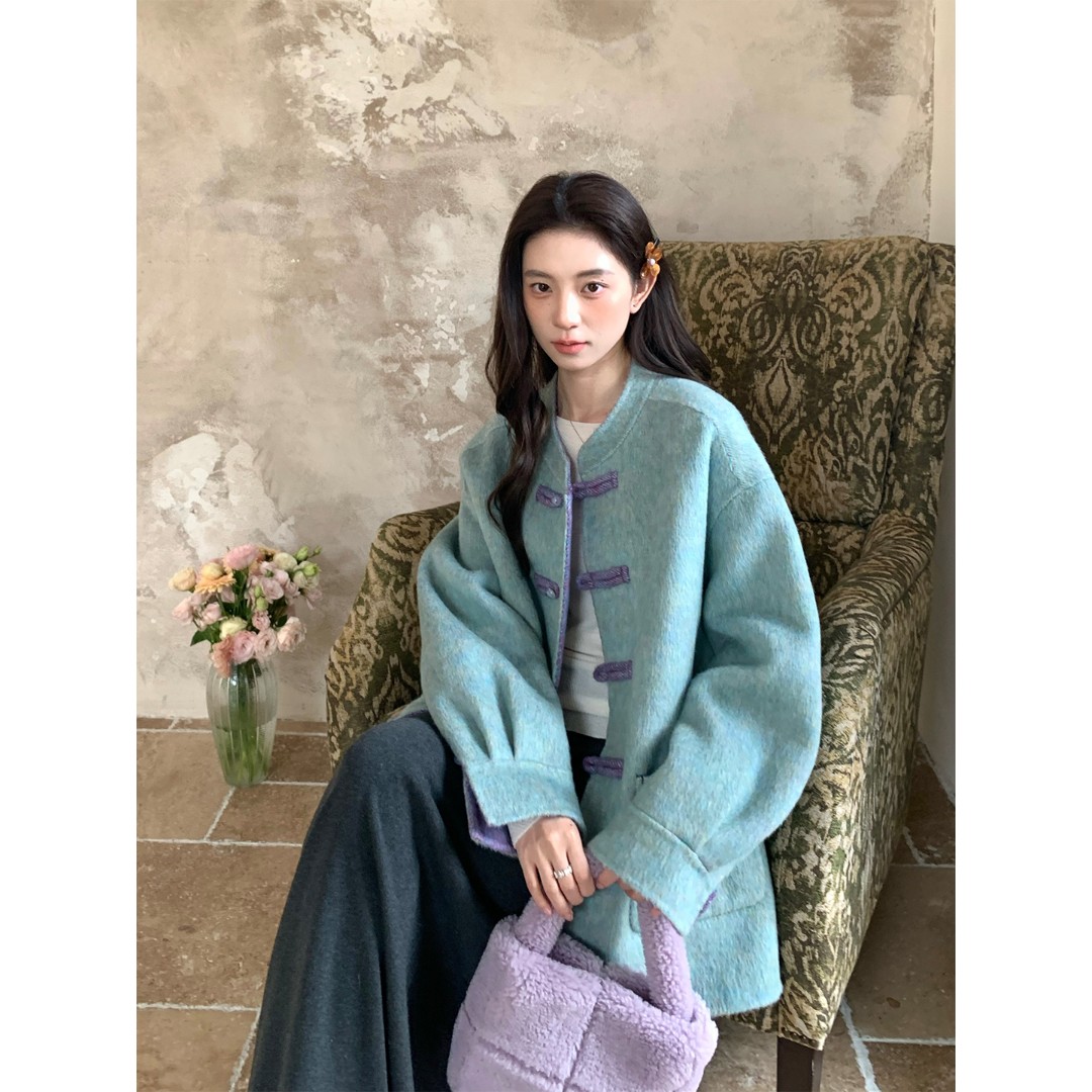 INGCON山有兰亭 新中式一字扣撞色一手长双面呢大衣秋冬毛呢外套