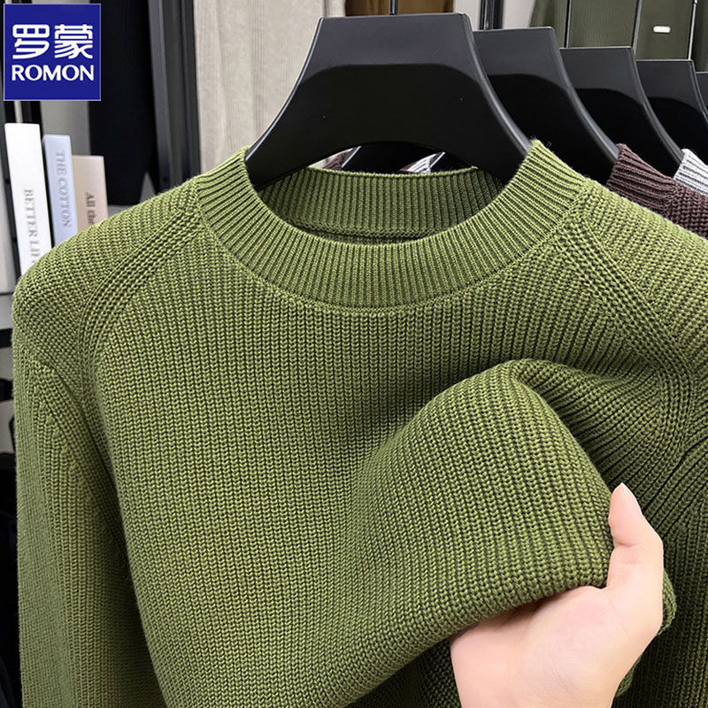 Romon/罗蒙秋冬季保暖男士纯色针织衫宽松舒适休闲中年圆领毛衣男