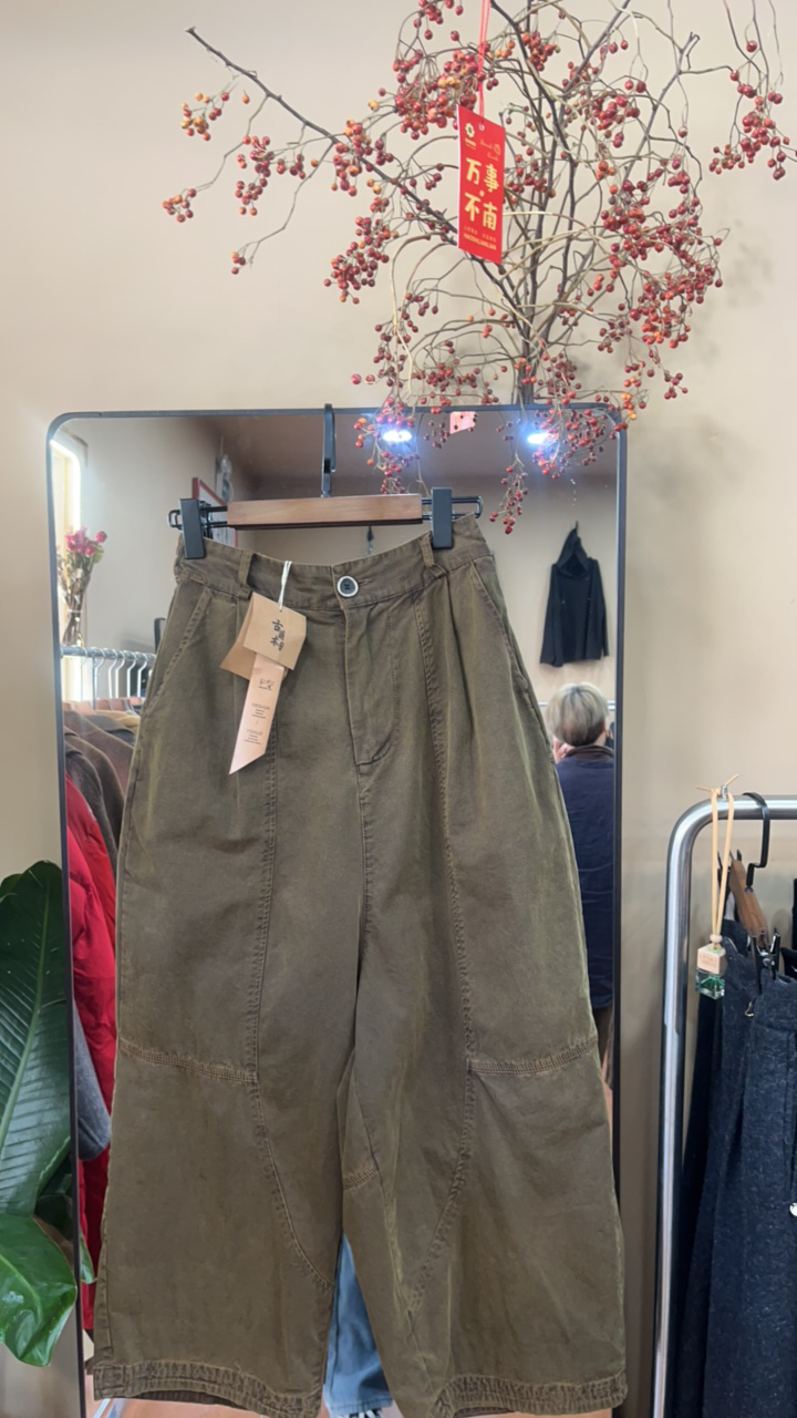 卡绿色休闲裤扎染做旧