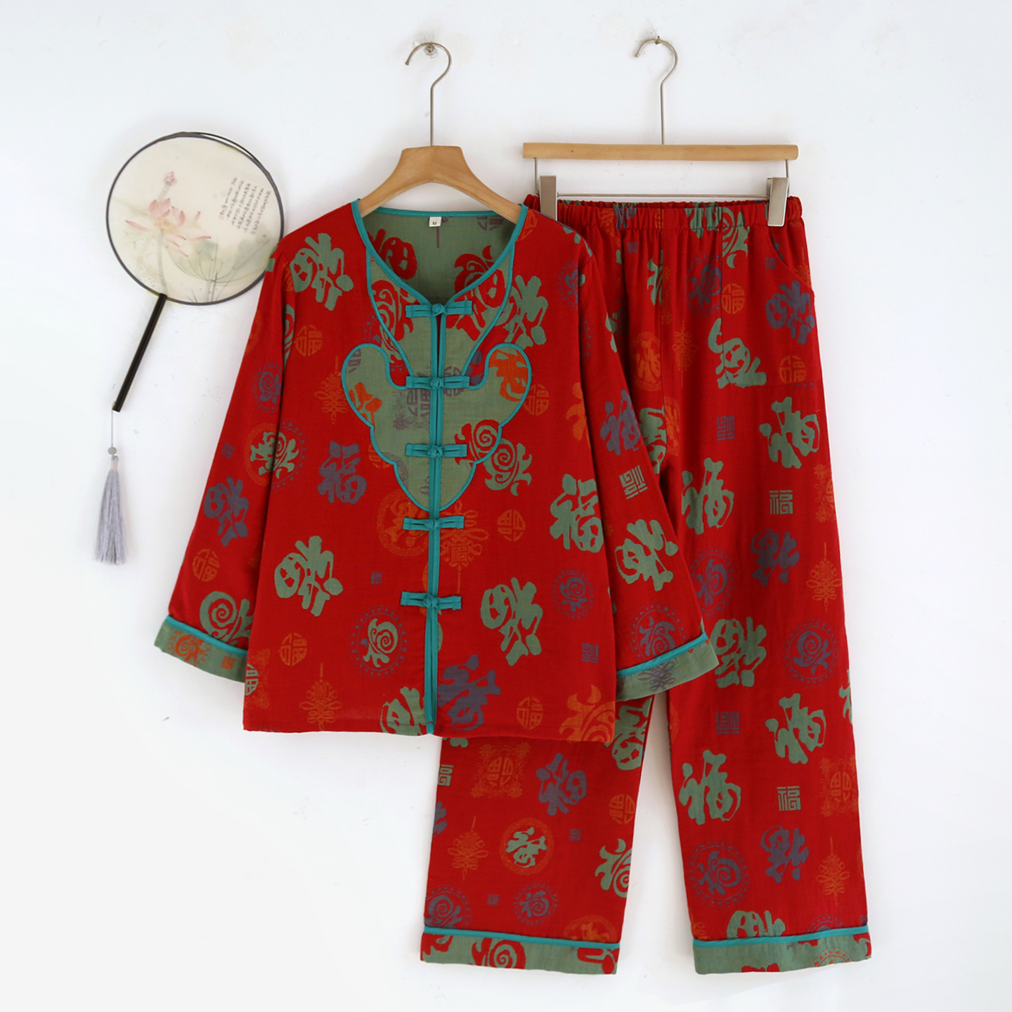新年款国风版新中式百福款色织提花棉睡衣套装长袖长裤套装