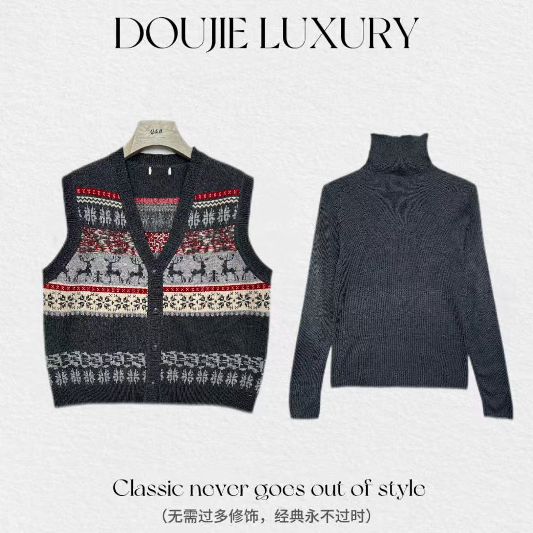 【兜兜】圣诞麋鹿 冬季针织提花马甲+高领打底T恤两件套装 井251140