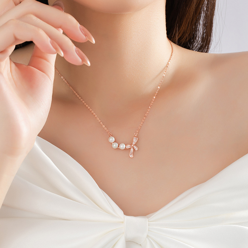 坠链均925银锆石 蝴蝶结925银项链珍珠吊坠小众设计轻奢款锁骨链