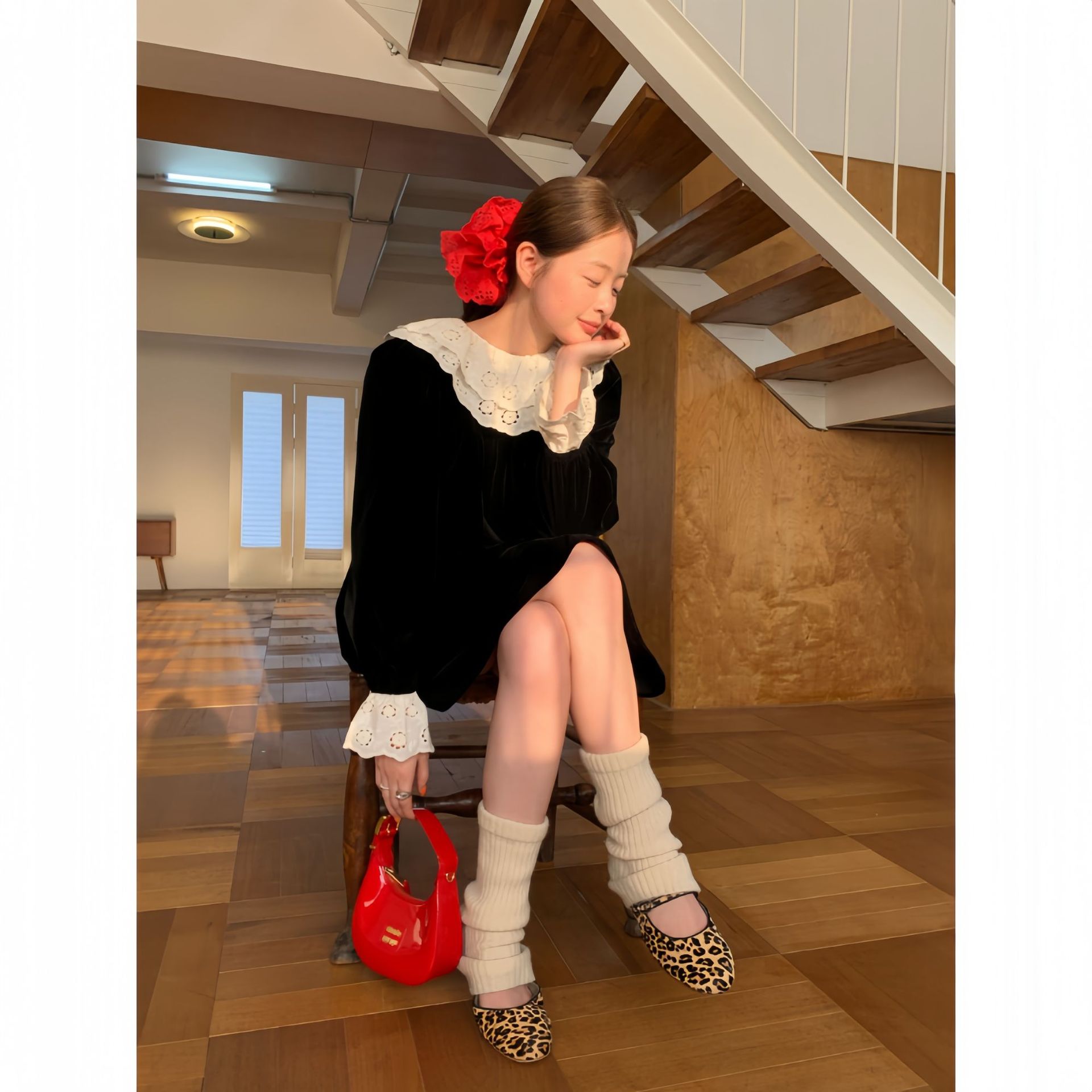 法式宫廷复古荷叶花边丝绒连衣裙女F2088