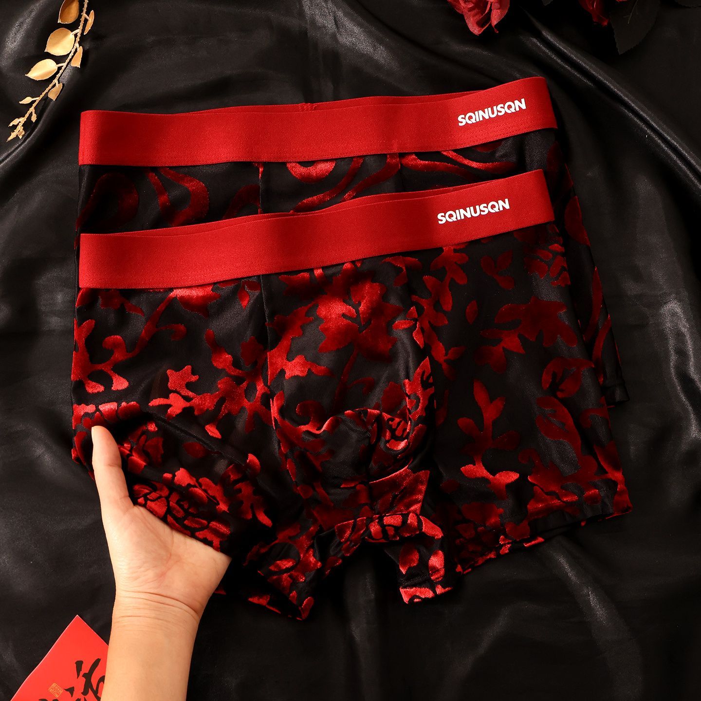 结婚大红色内裤男士本命年四角裤衩喜庆酒红丝绒冰丝底裤短裤头