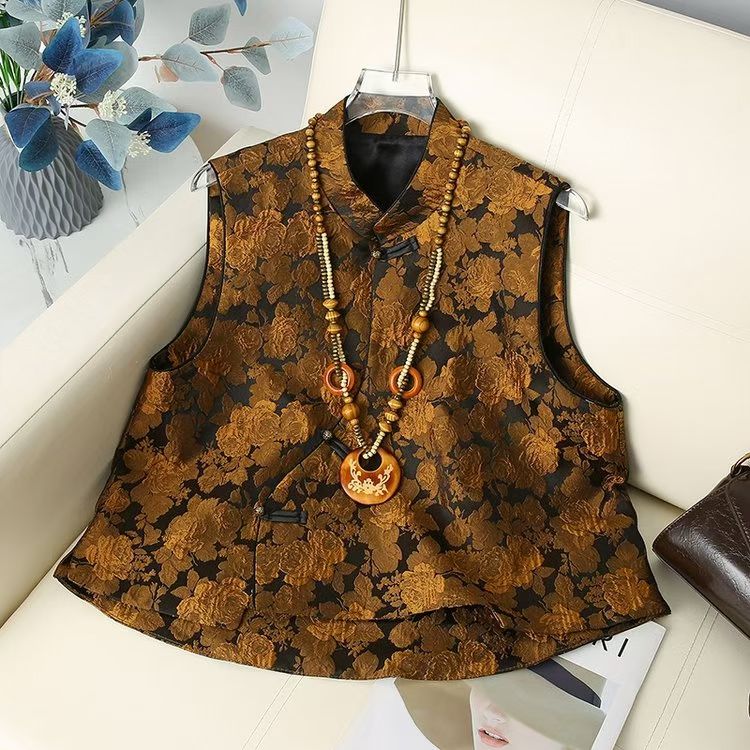 立领马甲马夹提花常规款无袖工字型款秋冬保暖民族风宽松宽松