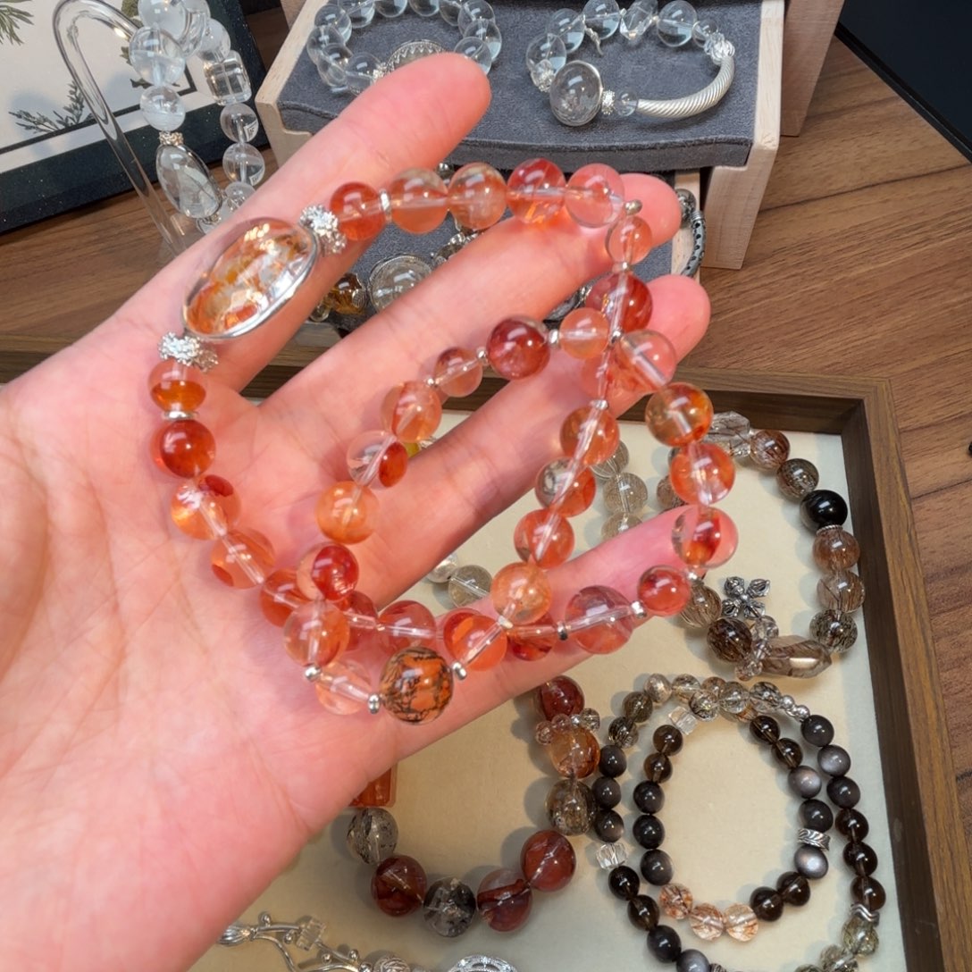 水晶银S925镶嵌手链天然水晶红胶花双圈