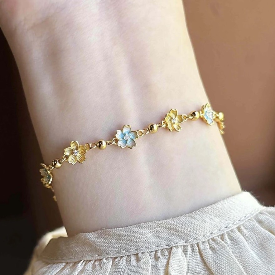 足银手链 樱花彩新中式描金珐琅气质手链女轻奢小众手饰送礼物