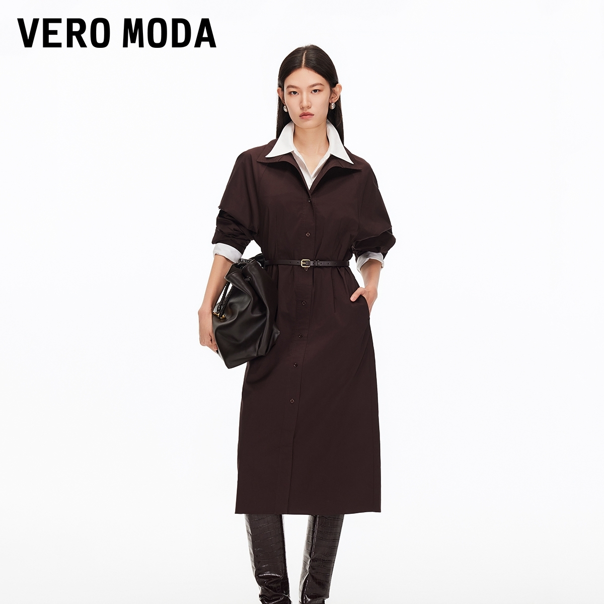 Vero Moda连衣裙2025冬季新款含棉捏褶腰带收腰中长裙小众高级感