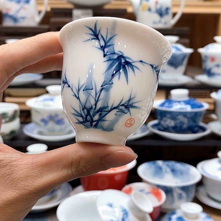 手绘咏竹75cc主人杯釉下彩微瑕福利款