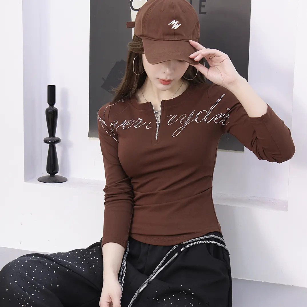 秋冬女上衣街舞潮牌烫钻字母针织T恤长袖爵士辣妹修身C220