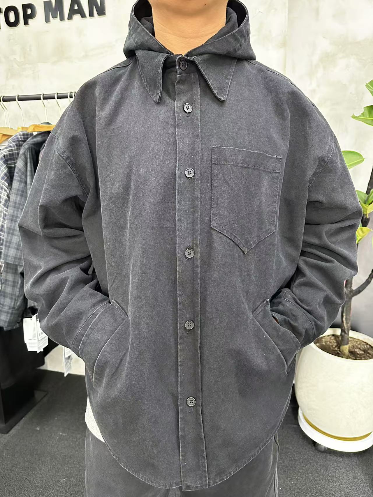男休闲水洗长袖青春流行衬衫扣领尖领春秋外套男款