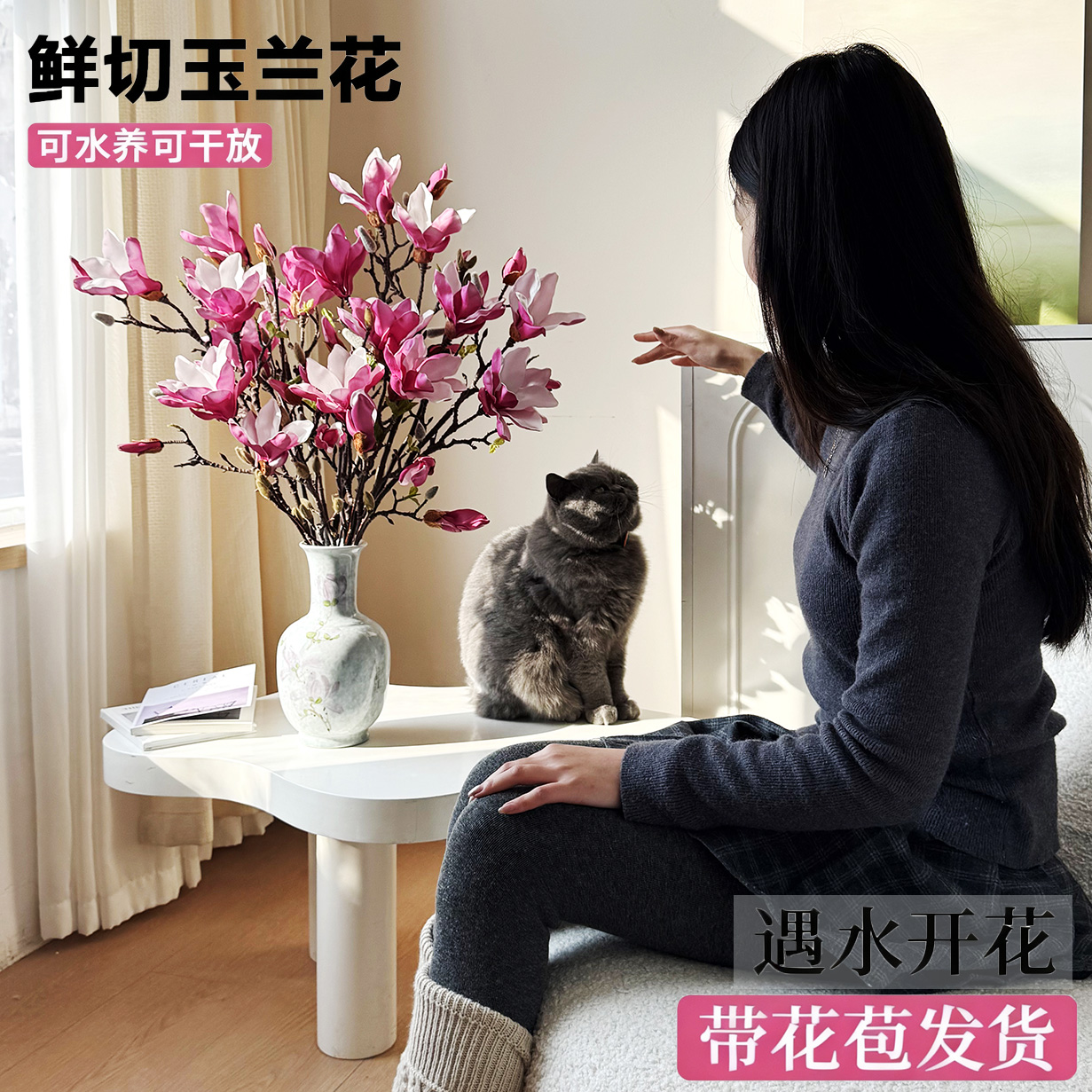 【新人福利】水培紫玉兰花鲜切枝带花苞发货室内水养耐寒花卉