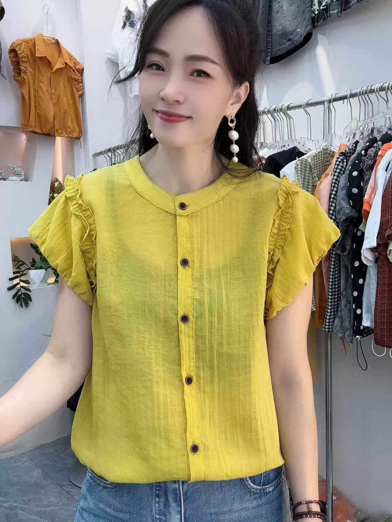 【秀家】夏季新款时尚花苞袖短袖开衫圆领8995