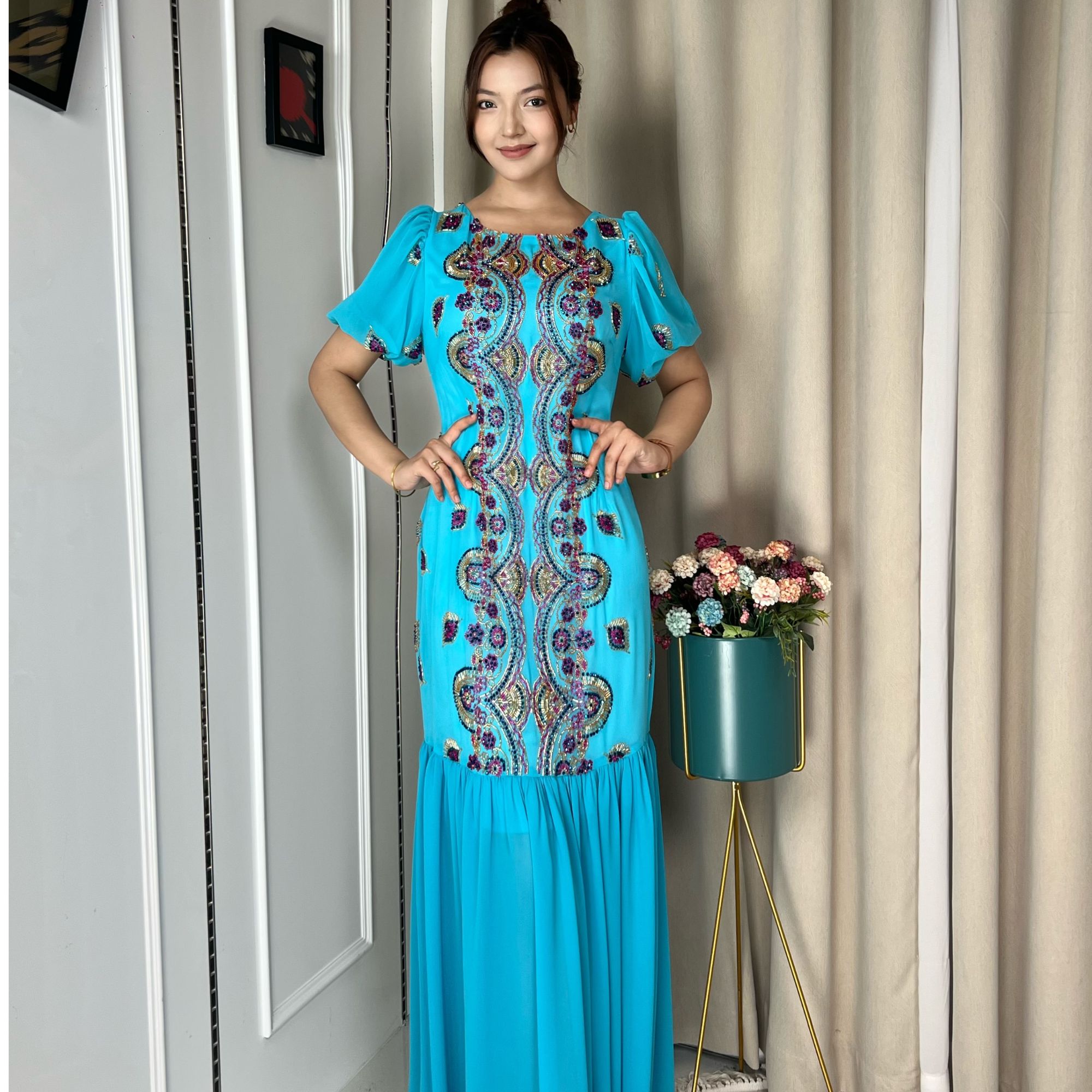 民族风A字裙拼接夏季长裙连衣裙设计师晚礼服蕾丝1110