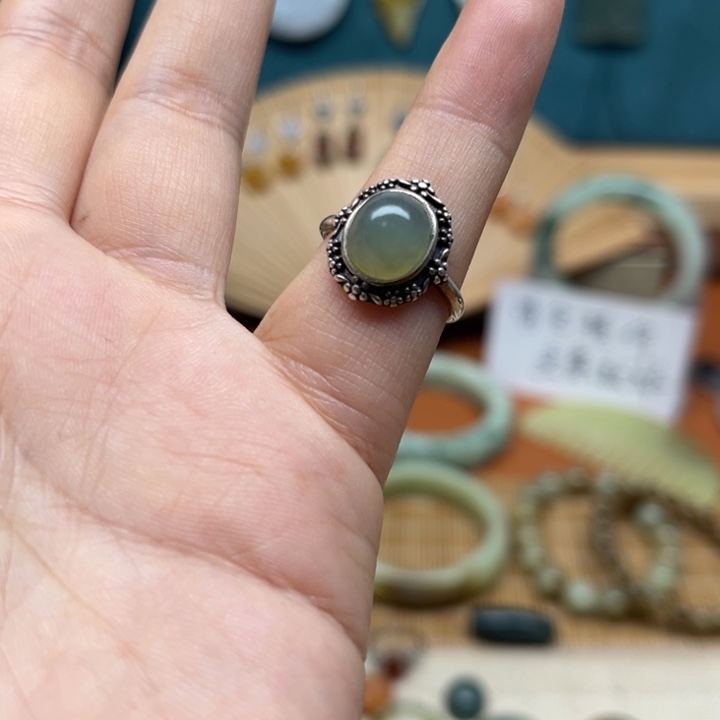 蛇纹石玉戒指银S925镶嵌