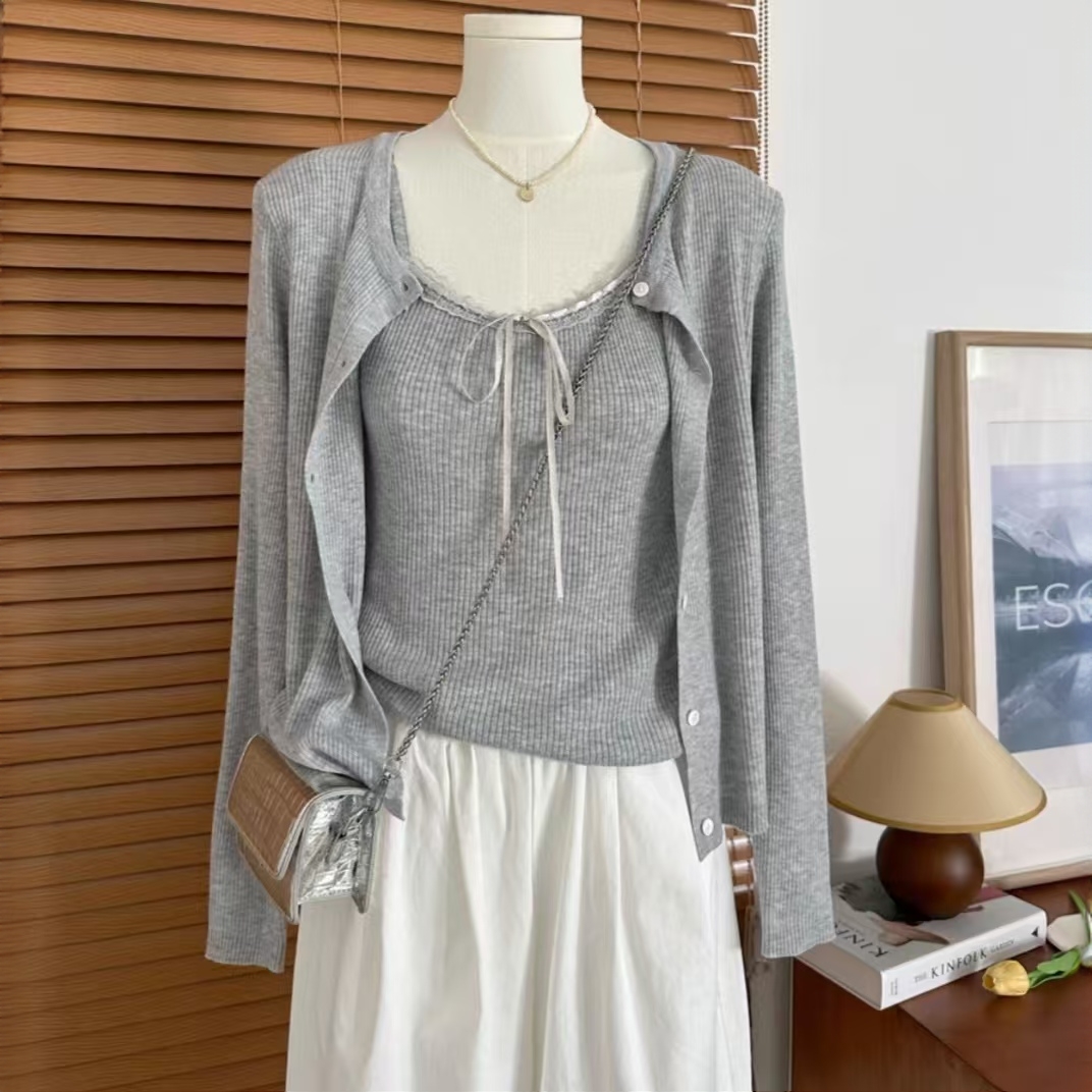 早春2025年淑女短款蕾丝边百搭针织背心+文艺长袖圆领开衫两件套