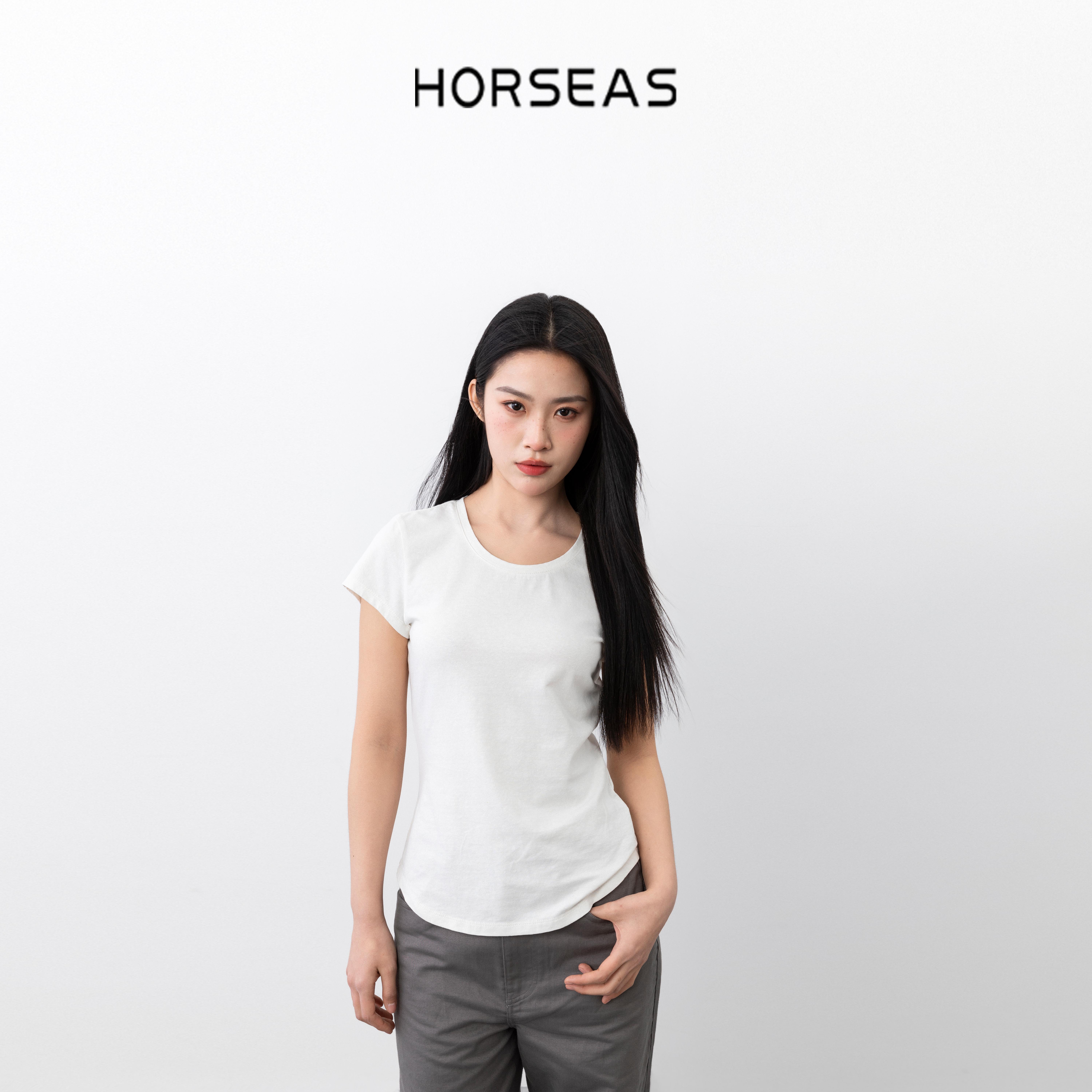 THE HORSEAS/海边的马汉麻混纺纯色U型领修身短袖女T恤