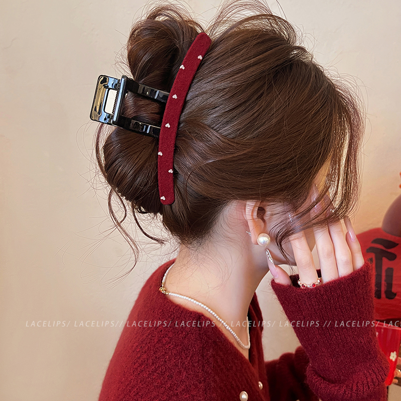 红色爱心波点头发抓夹女高级感鲨鱼夹2025新款新年氛围感发夹发饰